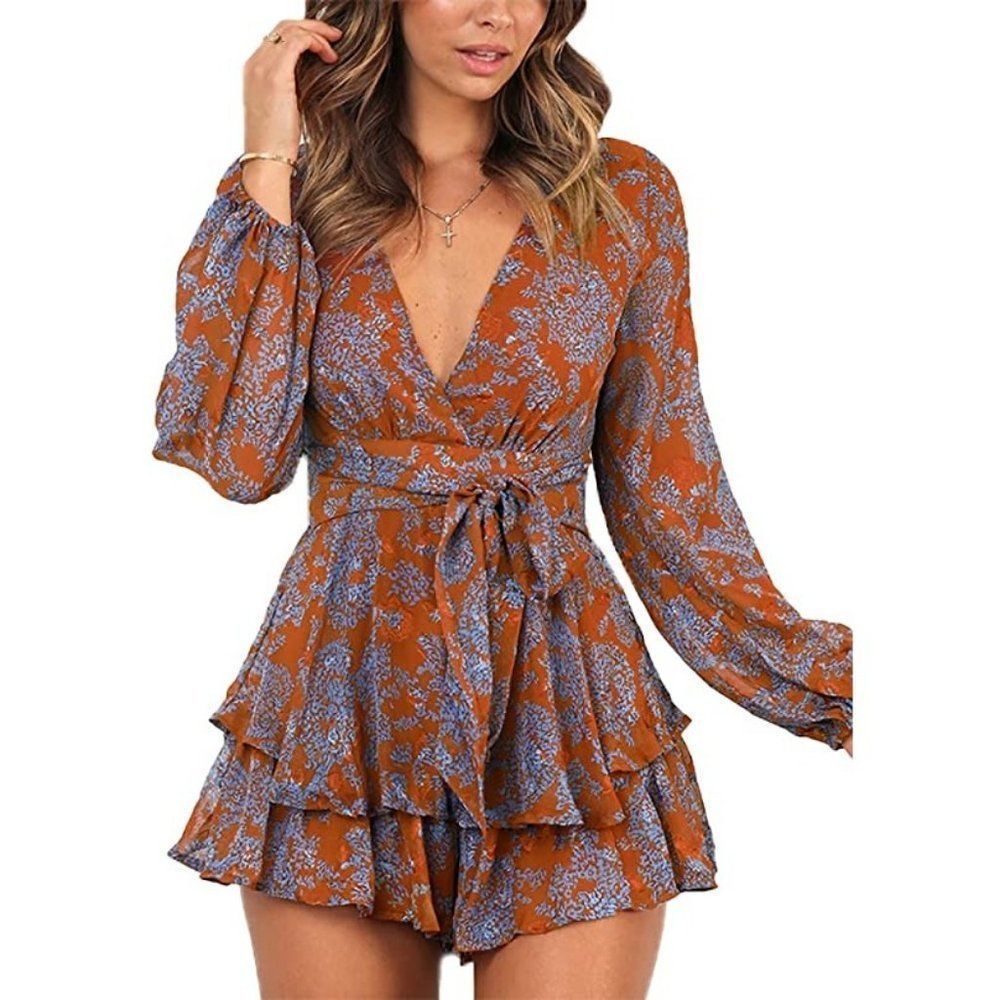 Orange Jumpsuit Floral Print V-Neck Baggy Short Mini Dress Romper